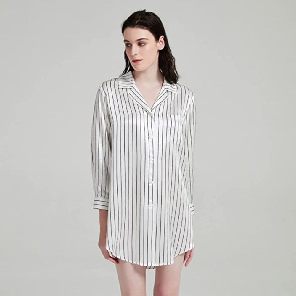 Women Negligees Pure Silk Sleep Shirt, Sexy V Neck Oversize Nightshirt 100% Silk